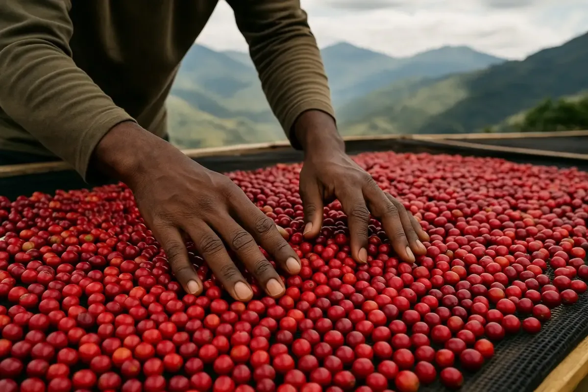 Close-up of hand sorting ripe coffee cherries in China