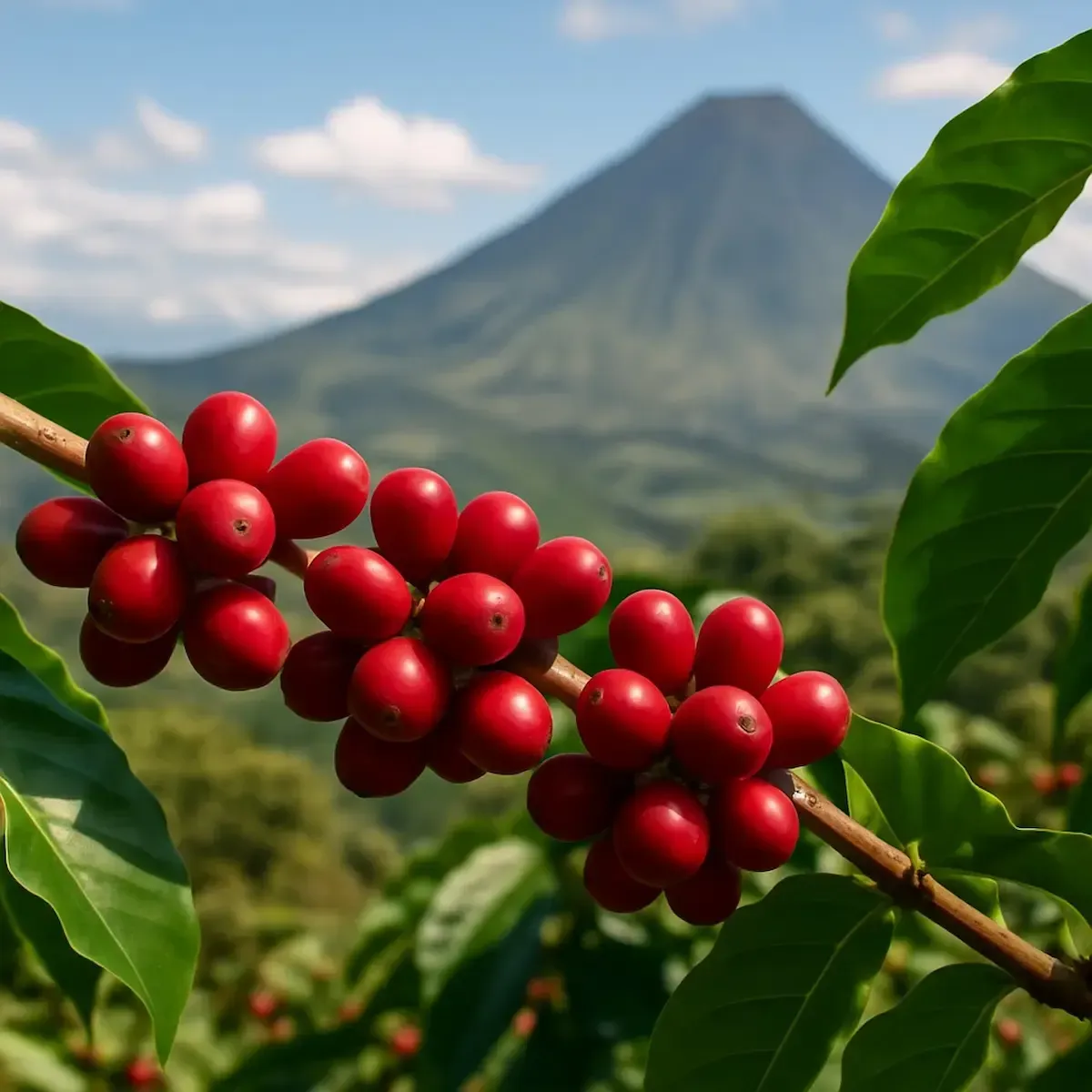 Ripe Guatemalan Arabica coffee cherries growing on tree in Antigua volcanic highlands
