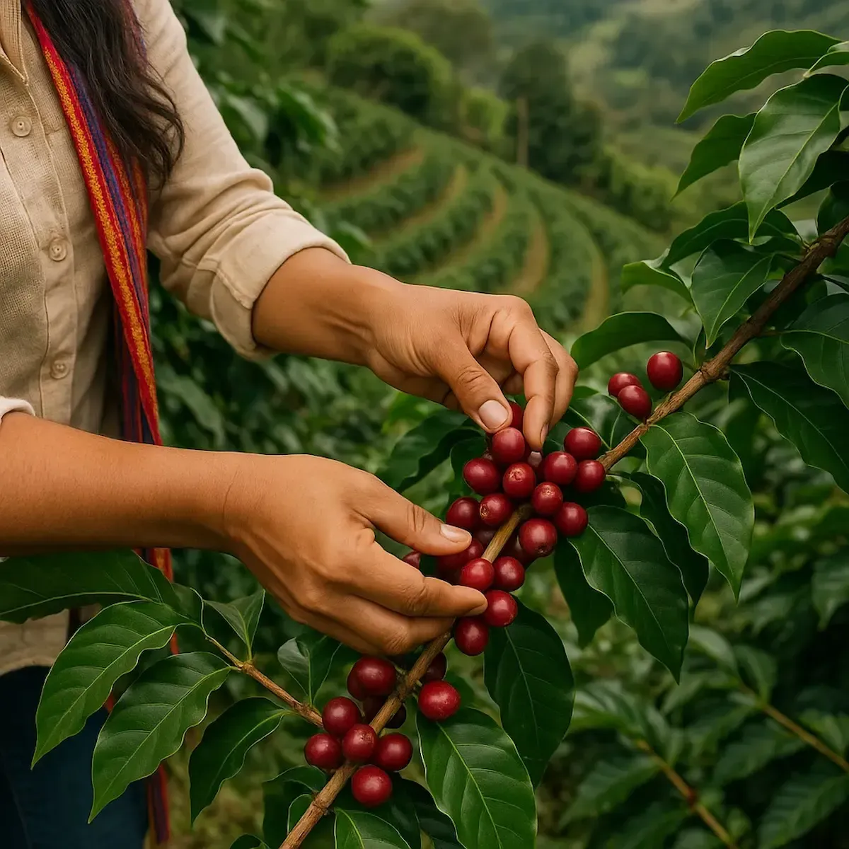 Hand-picking ripe Colombian coffee cherries from traditional terraced farm in Huila region