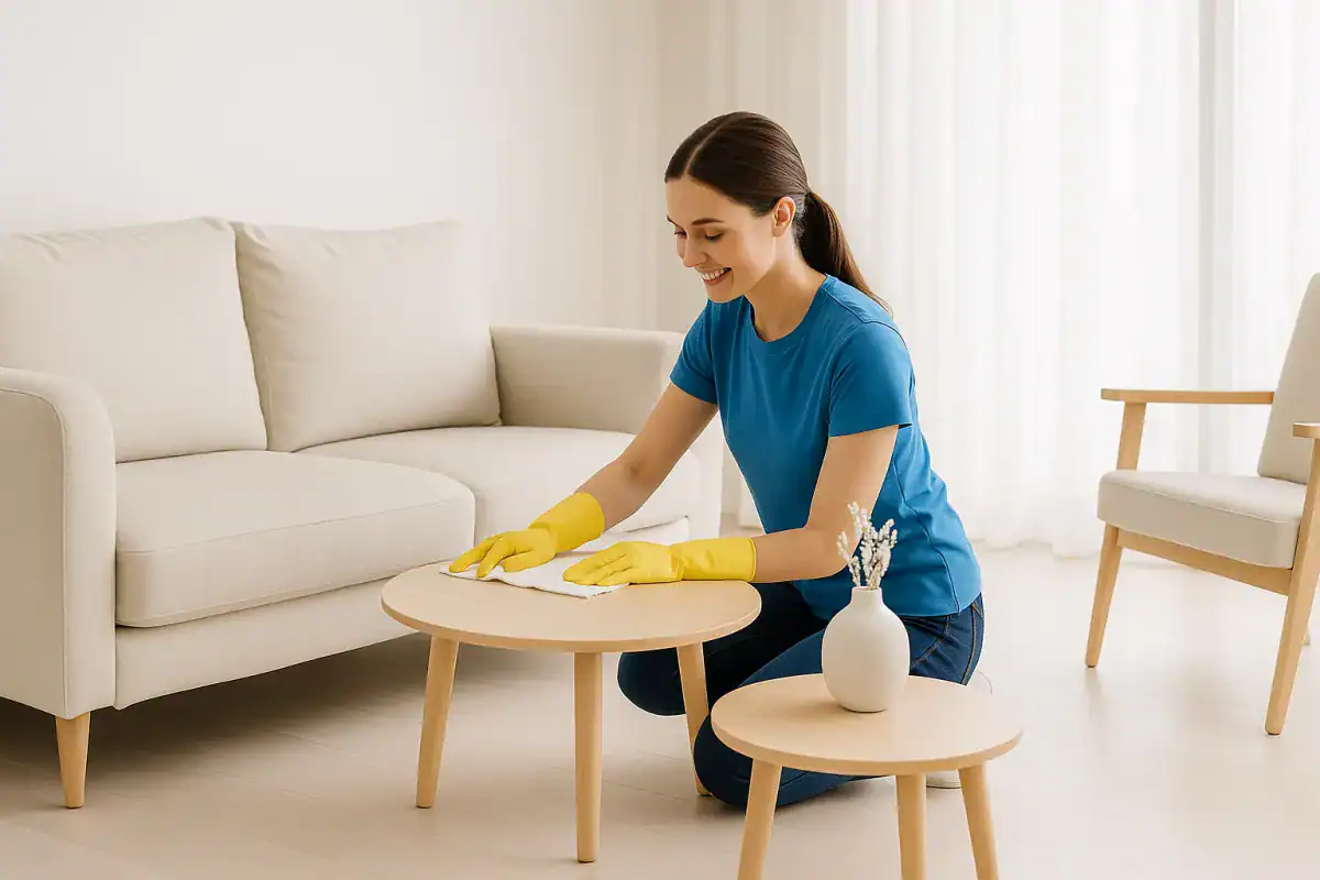 Standard home cleaning service in Gainesville Florida – B&B Cleaning professional house cleaner dusting and wiping living room furniture