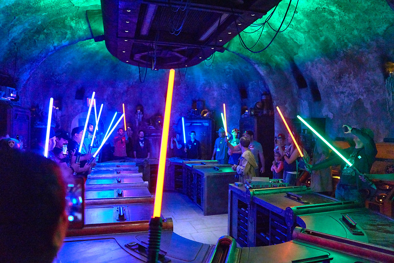 Inside Savi's Workshop watching guests build lightsabers.