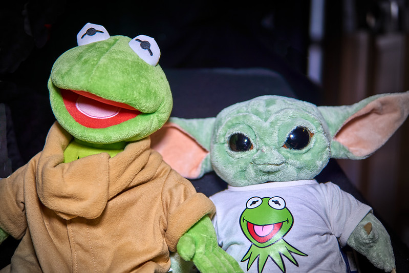 Kermit and Grogu dressed as fans of one another.