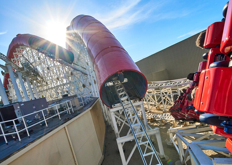 Capturing a starburst version of the sun over the Incredicoaster at Disney California Adventure
