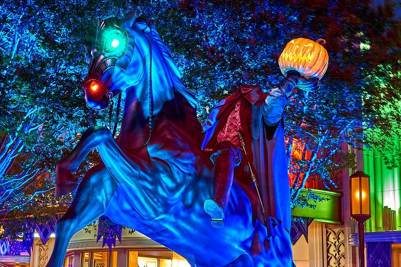 The Headless Horseman figure comes to life after dark at Disney California Adventure.