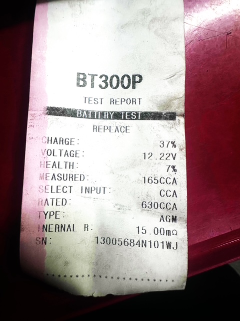 Battery test report showing replacement recommendation