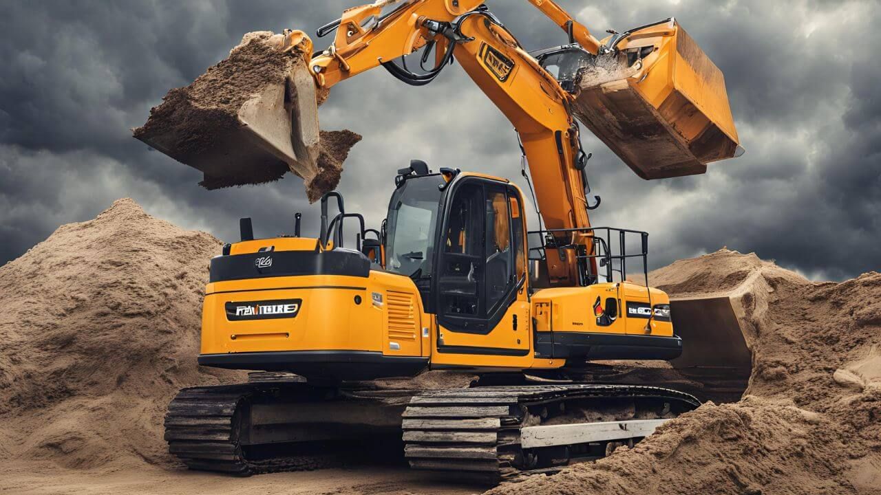 A large excavator digging sand at a construction site.