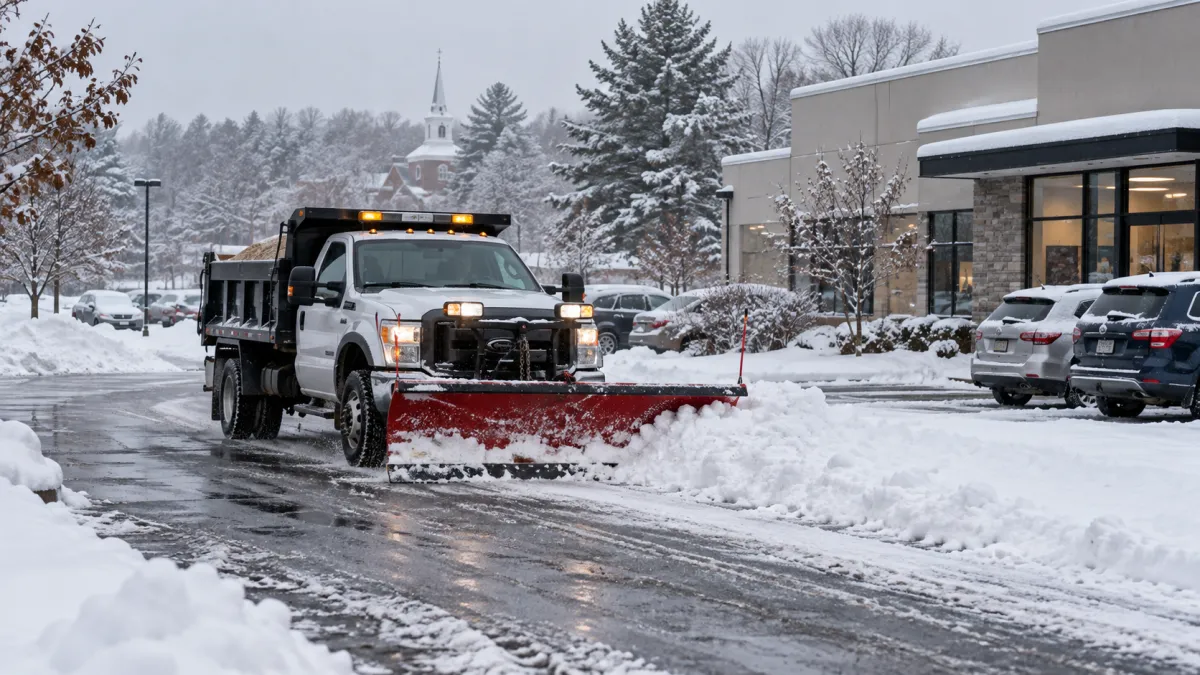Commercial snow removal truck plowing a snowy parking lot outside a commercial building in Central Massachusetts.