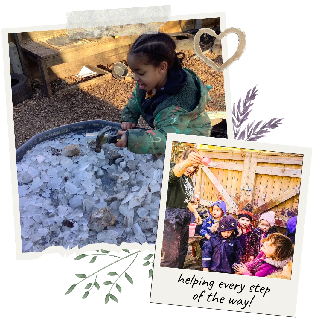 Children exploring outdoor learning with team. Allowing children to explore their surrounding in a safe and imaginative environment