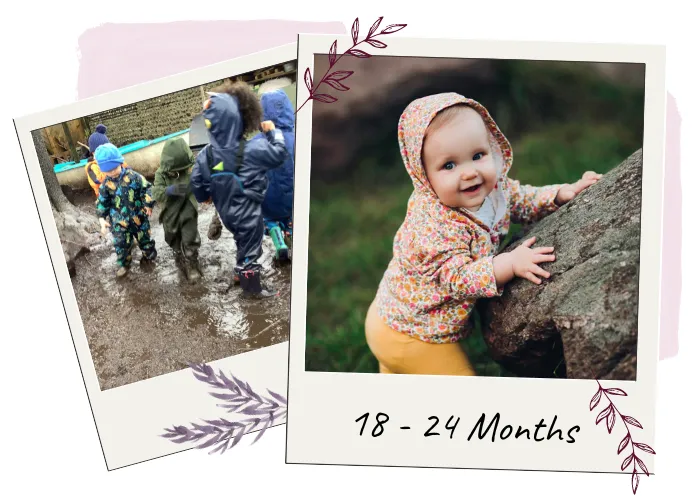 toddlers aged 18 -24 months enjoying the extensive outdoor space. Nature based play.