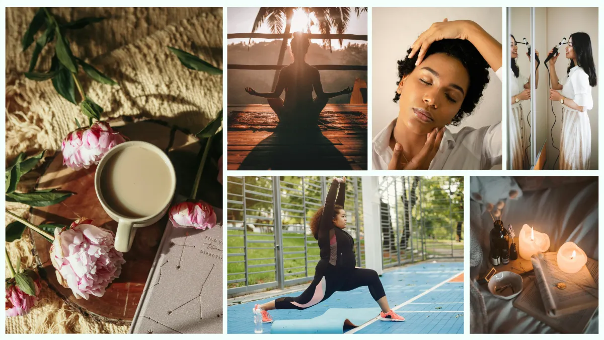 banner with tea flowers and journal in one spot, a woman doing yoga sitting down, another woman doing yoga standing up, another woman stretching her neck, another woman curling her hair and looking in the mirror, and a book with candles lit