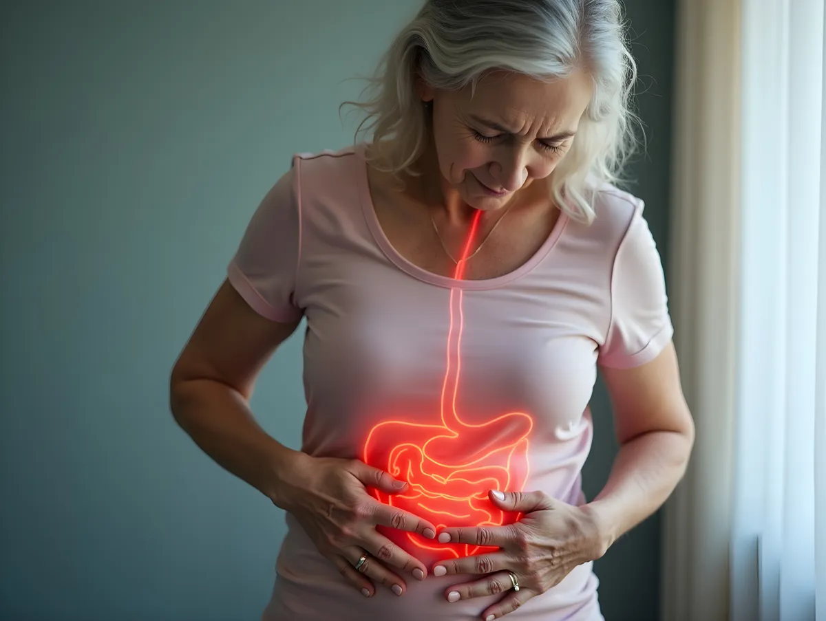 Woman holding her stomach with the digestive tract highlighted, representing gut health