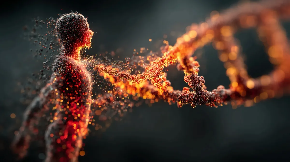 Human figure dissolving into a DNA double helix, representing genetic testing
