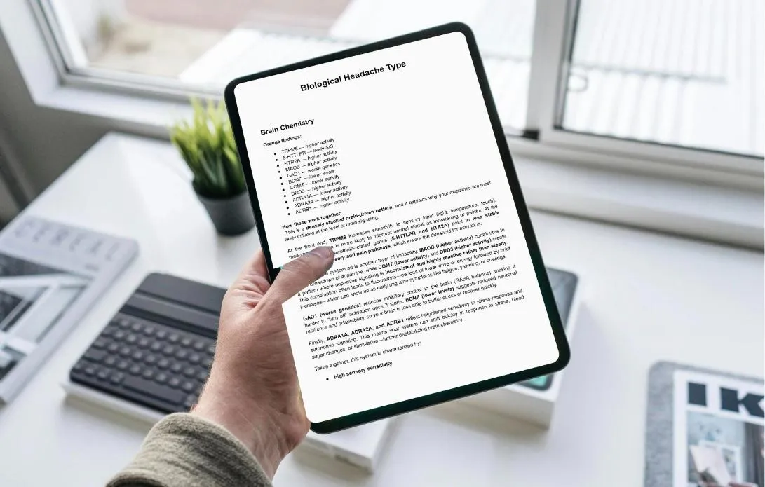 Personalized Migraine Recovery Plan report on a tablet