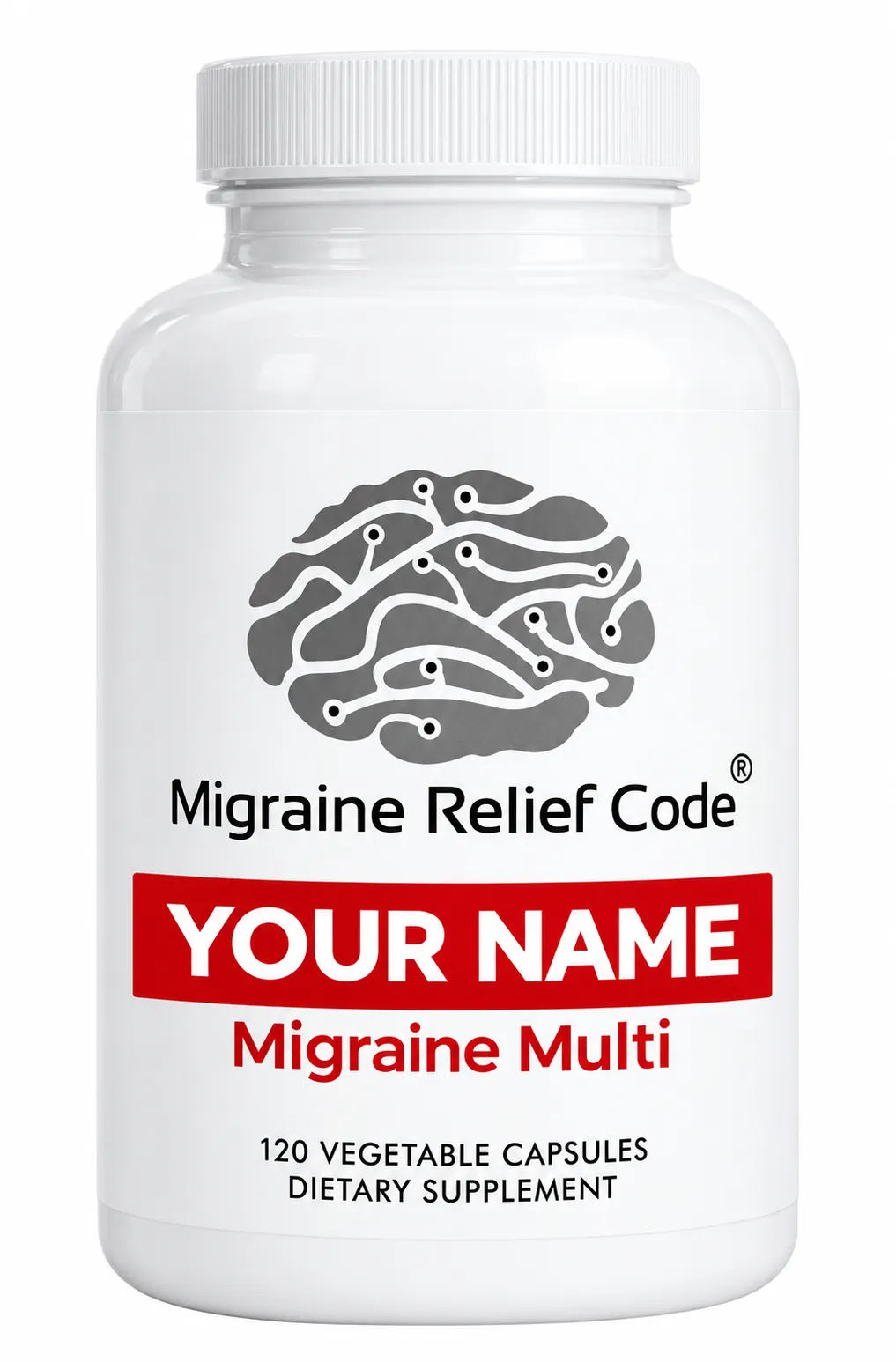 Custom Migraine Relief Code supplement bottle with your name on the label