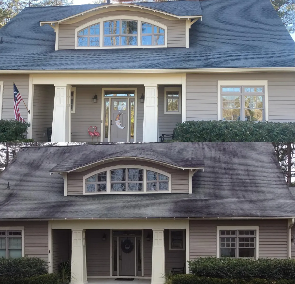 Before and after comparison of a home's roof, showcasing the effects of roof rejuvenation; top image displays a clean, well-maintained roof, while the bottom image shows a dirty, moss-covered roof.