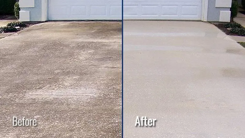 Before and after comparison of a driveway showing significant cleaning results from pressure washing service, highlighting removal of dirt and stains for enhanced curb appeal.