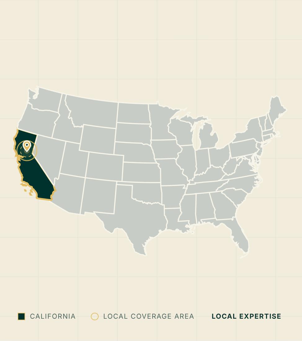 Stylized map of the United States with California highlighted