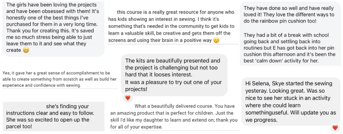 screenshots of testimonials and social proof for the sewing course