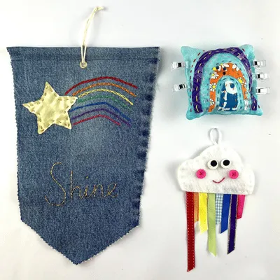 Picture of thethree rainbow themed hand sewing projects in the All in one sewing kit for tweens