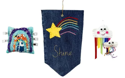 handsewn pincushion, denim flag and cloud softie ace from the Complete sewing kit for tweens