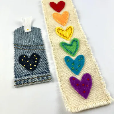 handsewn rainbow heart bookmark with mini denim heart bookmark