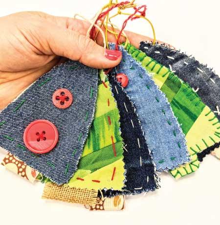 denim and fabric scrap christmas tree hand stitched ornaments