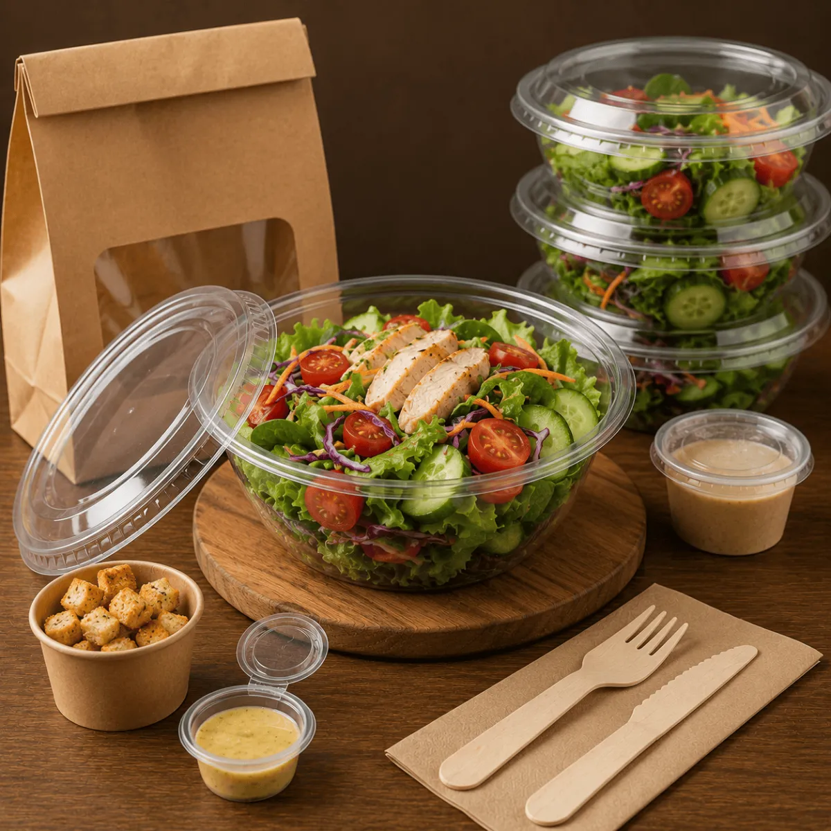 Ensalada fresca en bowl kraft con tapa transparente, recipiente para aderezo, cubiertos biodegradables y bolsa kraft para llevar.