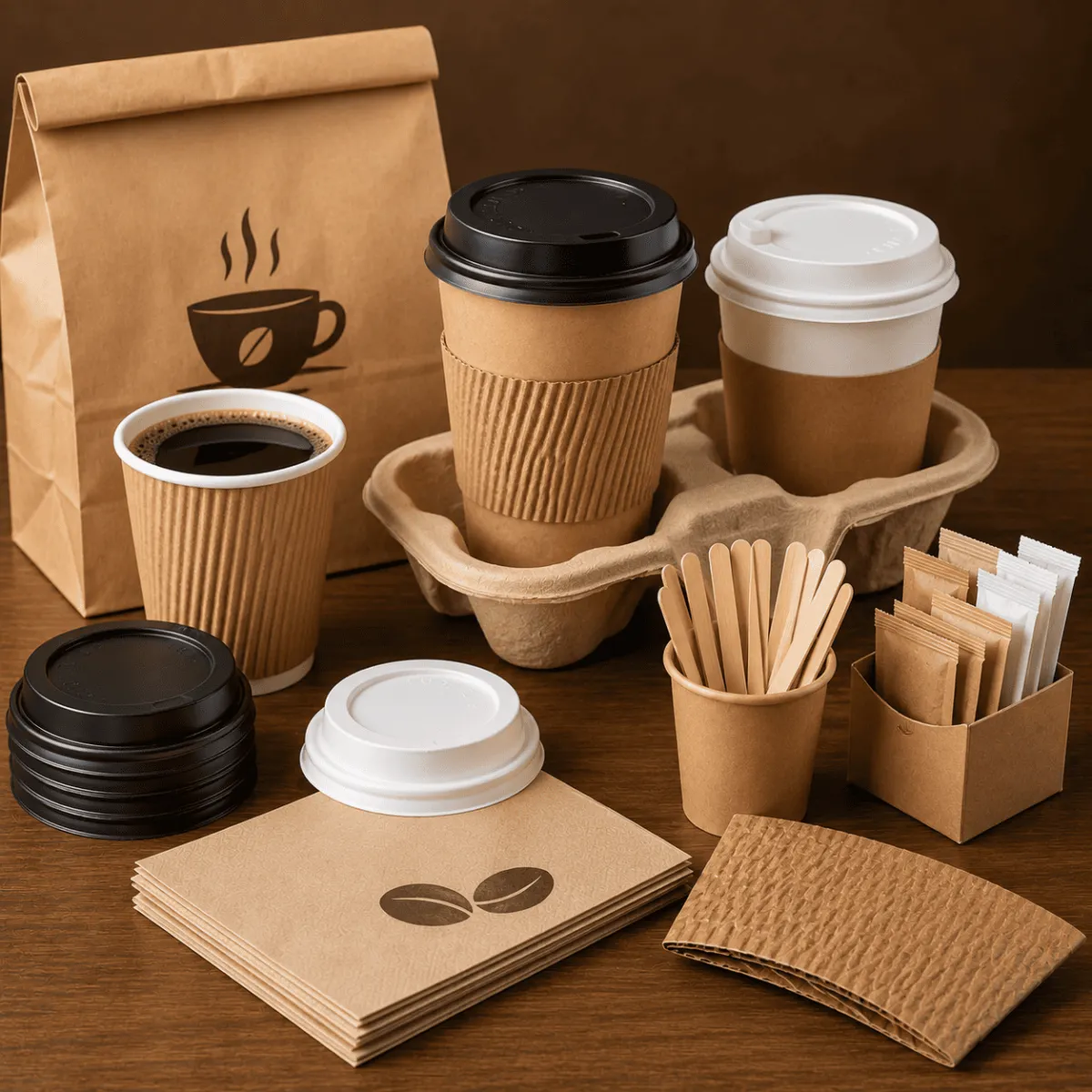 Vaso para café con tapa, agitadores, portavasos y desechables recomendados para cafeterías y negocios de bebidas calientes.