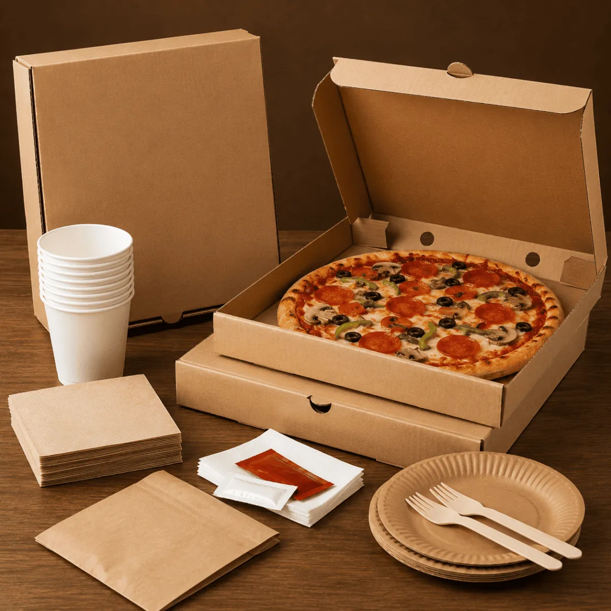 Pizza en caja de cartón con accesorios y empaques desechables recomendados para pizzerías y negocios de comida en Morelia.