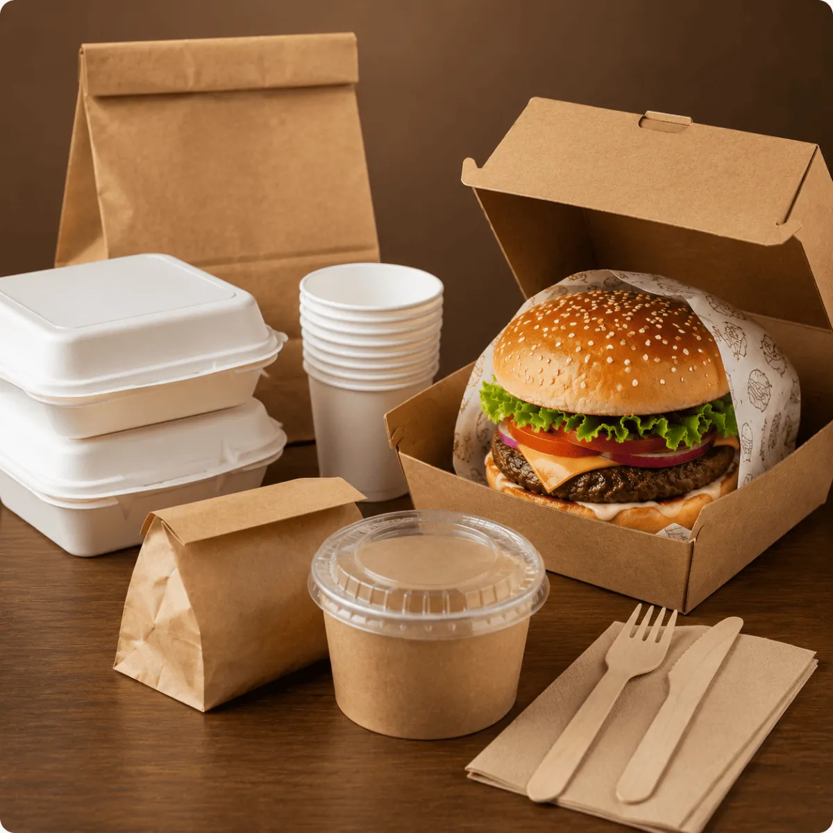 Hamburguesa con caja para hamburguesa, papel encerado, bolsa kraft, servilletas y desechables recomendados para restaurantes en Morelia.