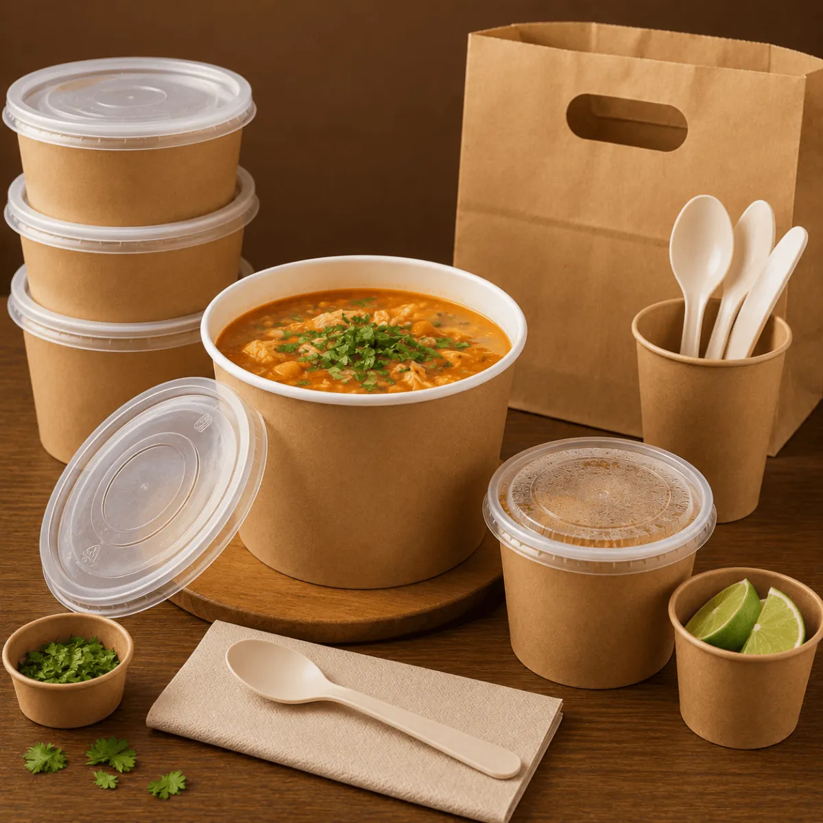 Caldo servido en envase resistente al calor con tapa hermética, cucharas desechables y empaques recomendados para alimentos calientes.