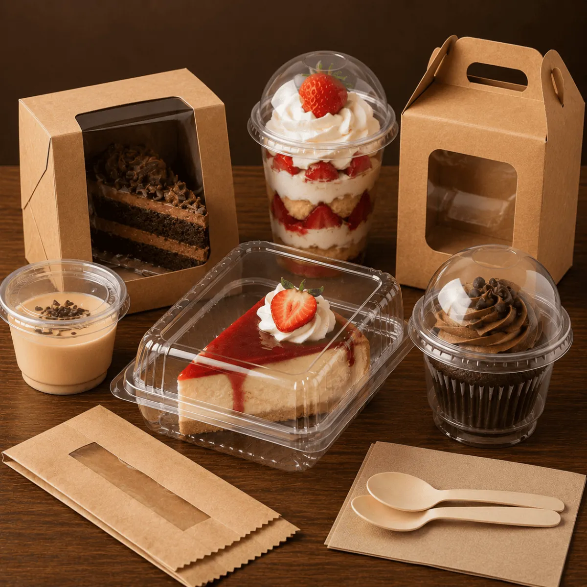 Postres individuales en domos transparentes, cajas kraft y envases desechables para pastelerías, cafeterías y negocios de repostería.
