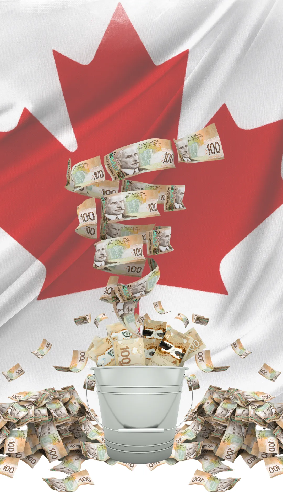 Canadian dollars flowing into bucket on Canada flag, investment growth
