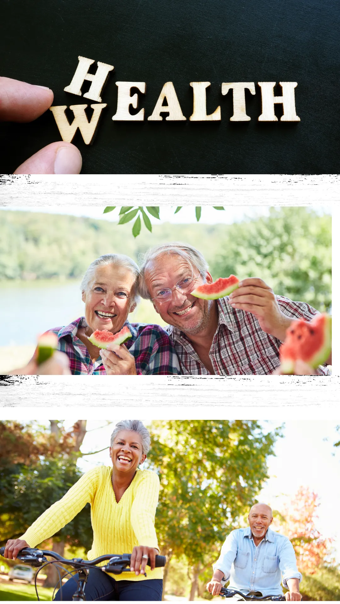 Hand arranging 'HEALTH' letters, Canadian couple with watermelon, Canadian seniors biking
