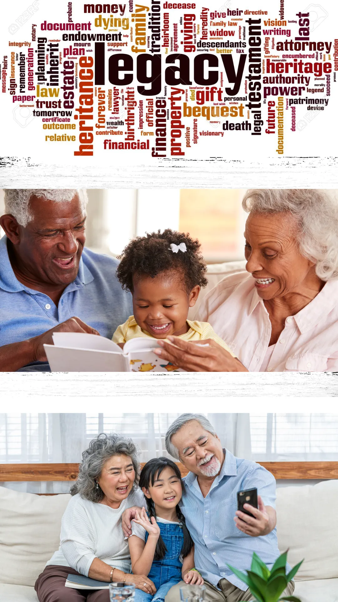 Word cloud 'legacy', grandparents reading to grandchild, Canadian couple taking selfie with child