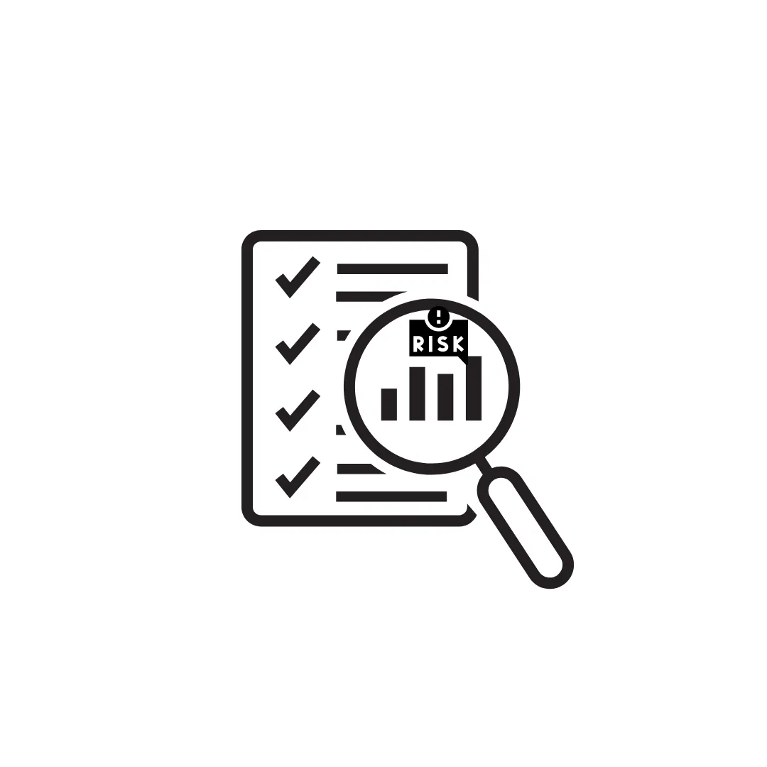 Checklist under magnifying glass highlighting 'RISK', audit concept