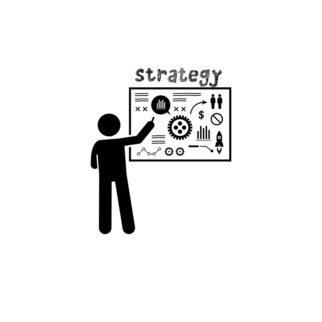 Figure pointing to 'strategy' on board with charts and gears, business planning