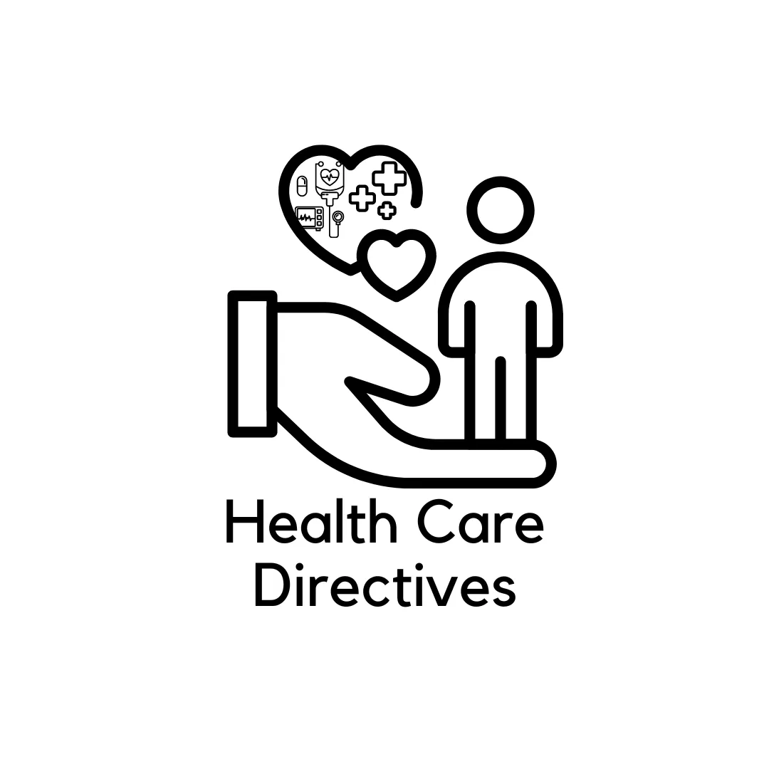 Hand cradling figure with heart and medical symbols, 'Health Care Directives'