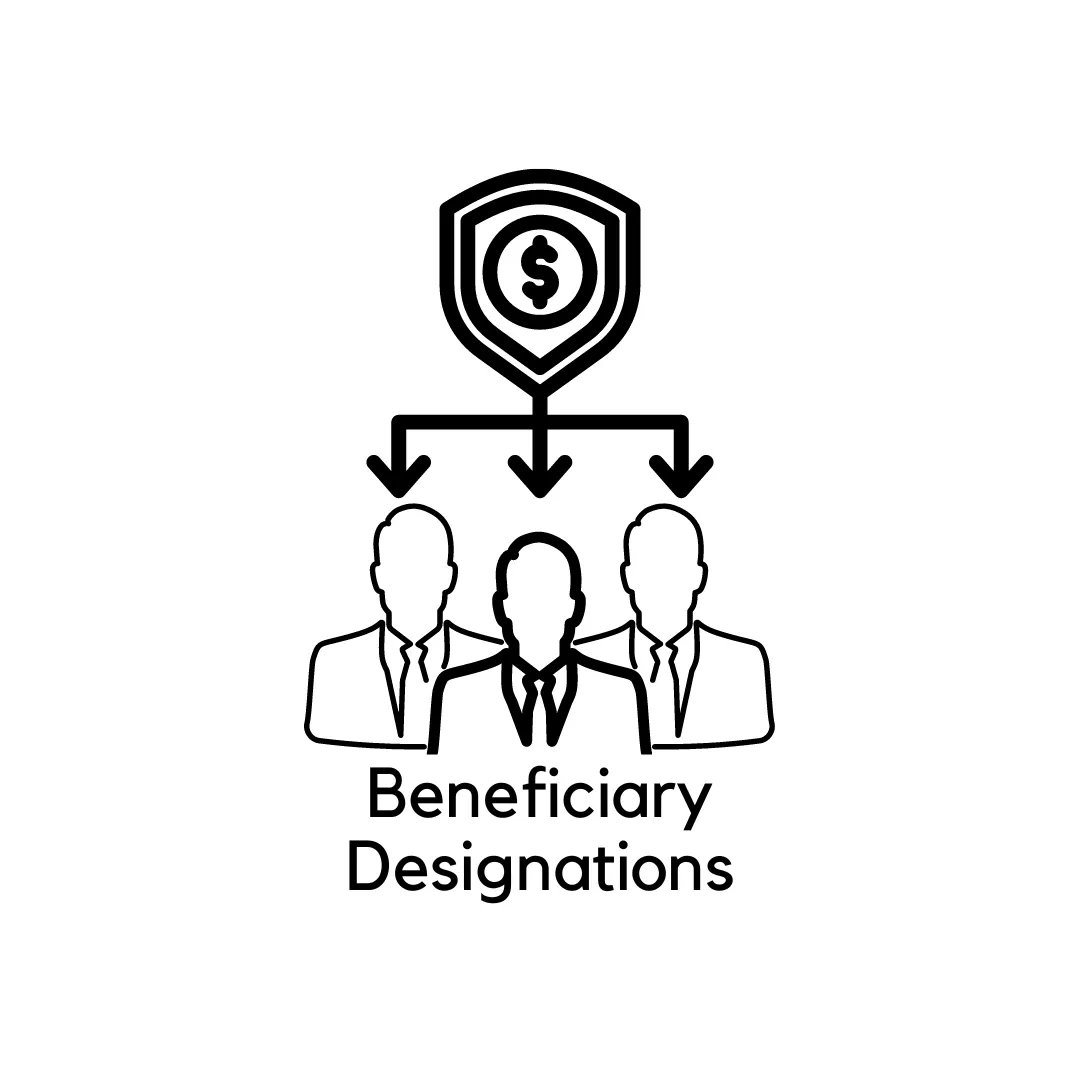 Dollar sign above three figures, 'Beneficiary Designations', wealth allocation