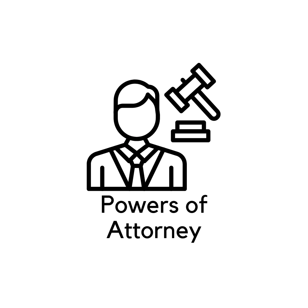 'Powers of Attorney' with a figure and gavel, legal authority