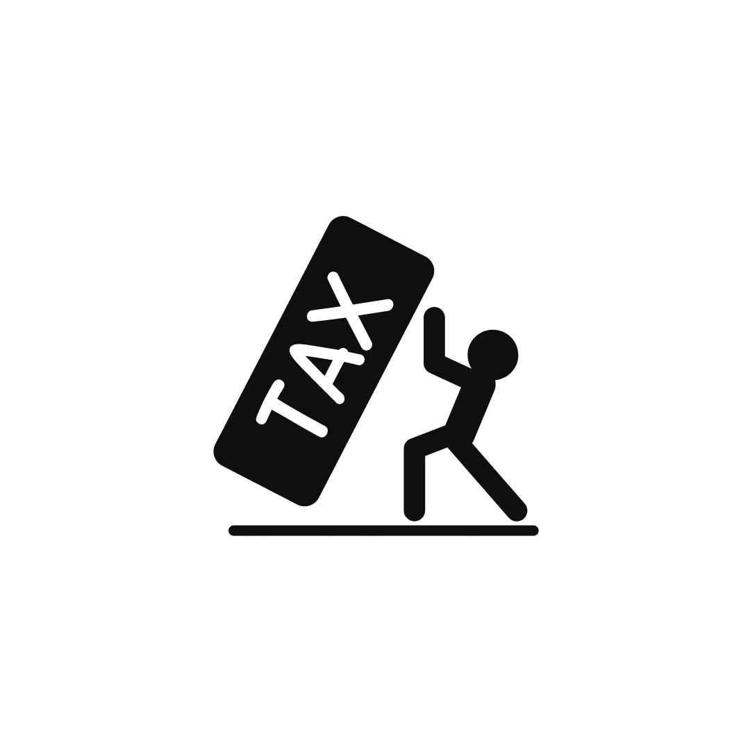 Figure pushing against large 'TAX' block, concept of tax burden