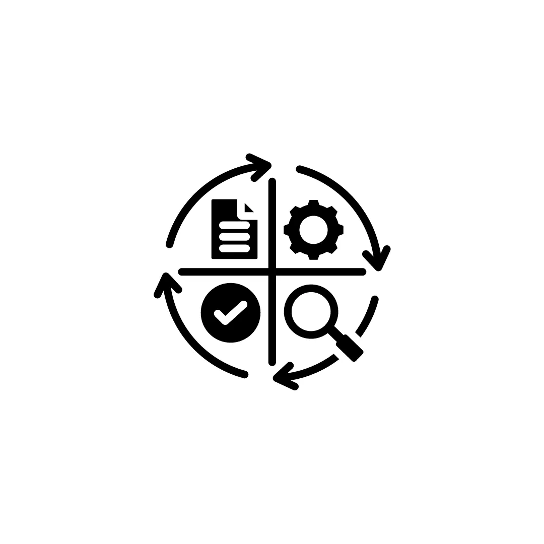 Cycle of checklist, gear, magnifying glass, and tick mark, process optimization