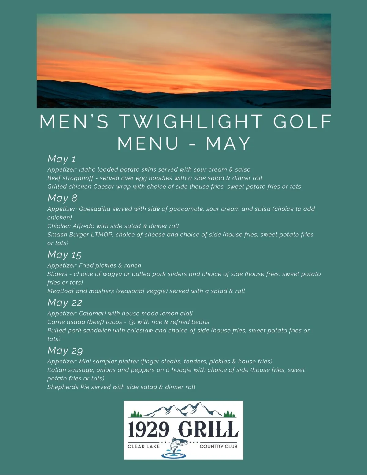 Menu for Men's Twilight Golf for May