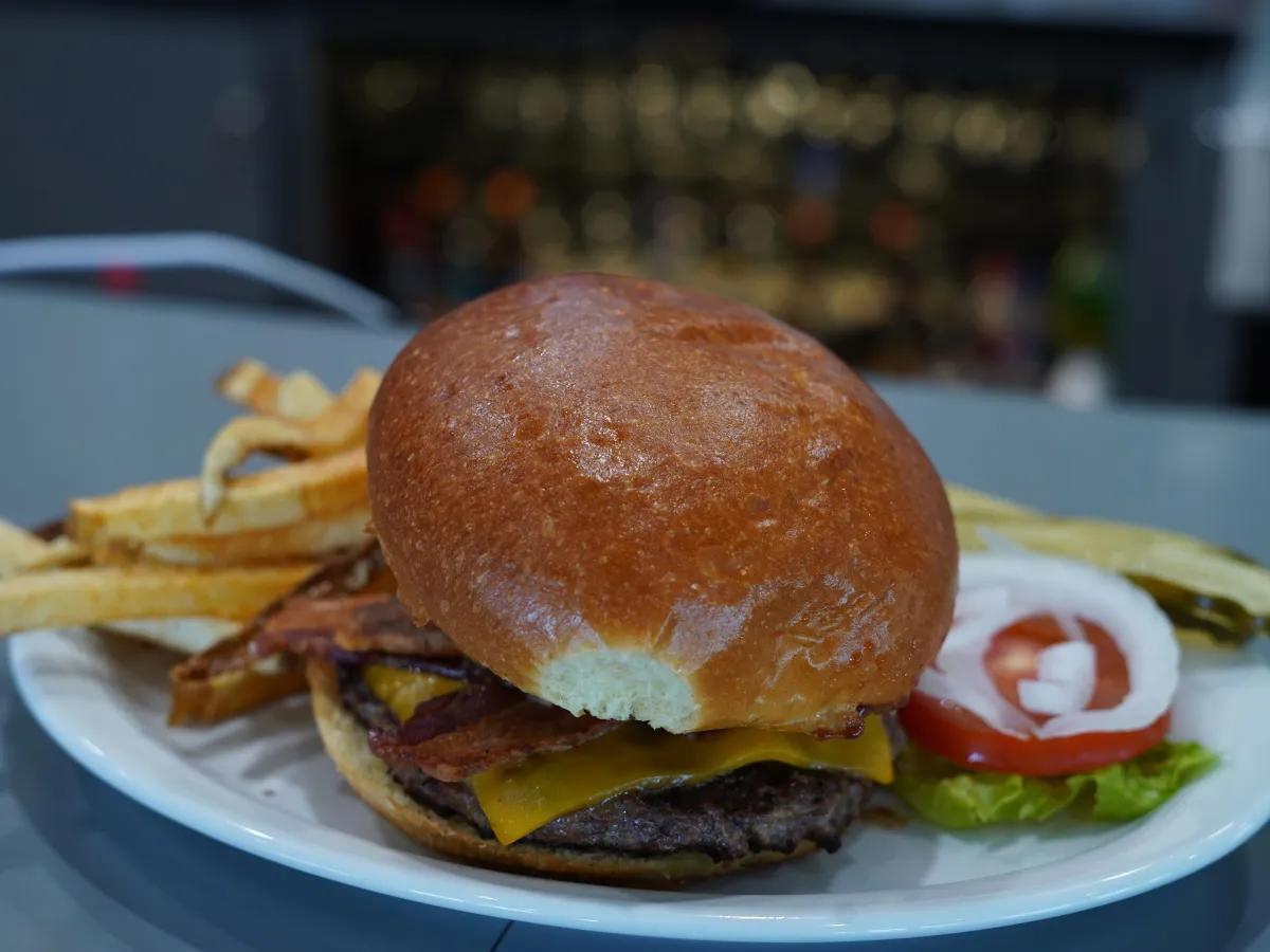 Bacon cheese burger with fries
