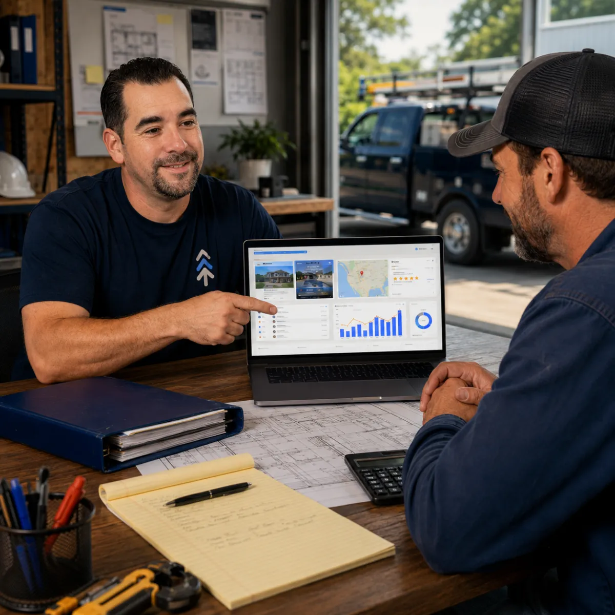 Greg reviewing an online growth system with a local service business owner