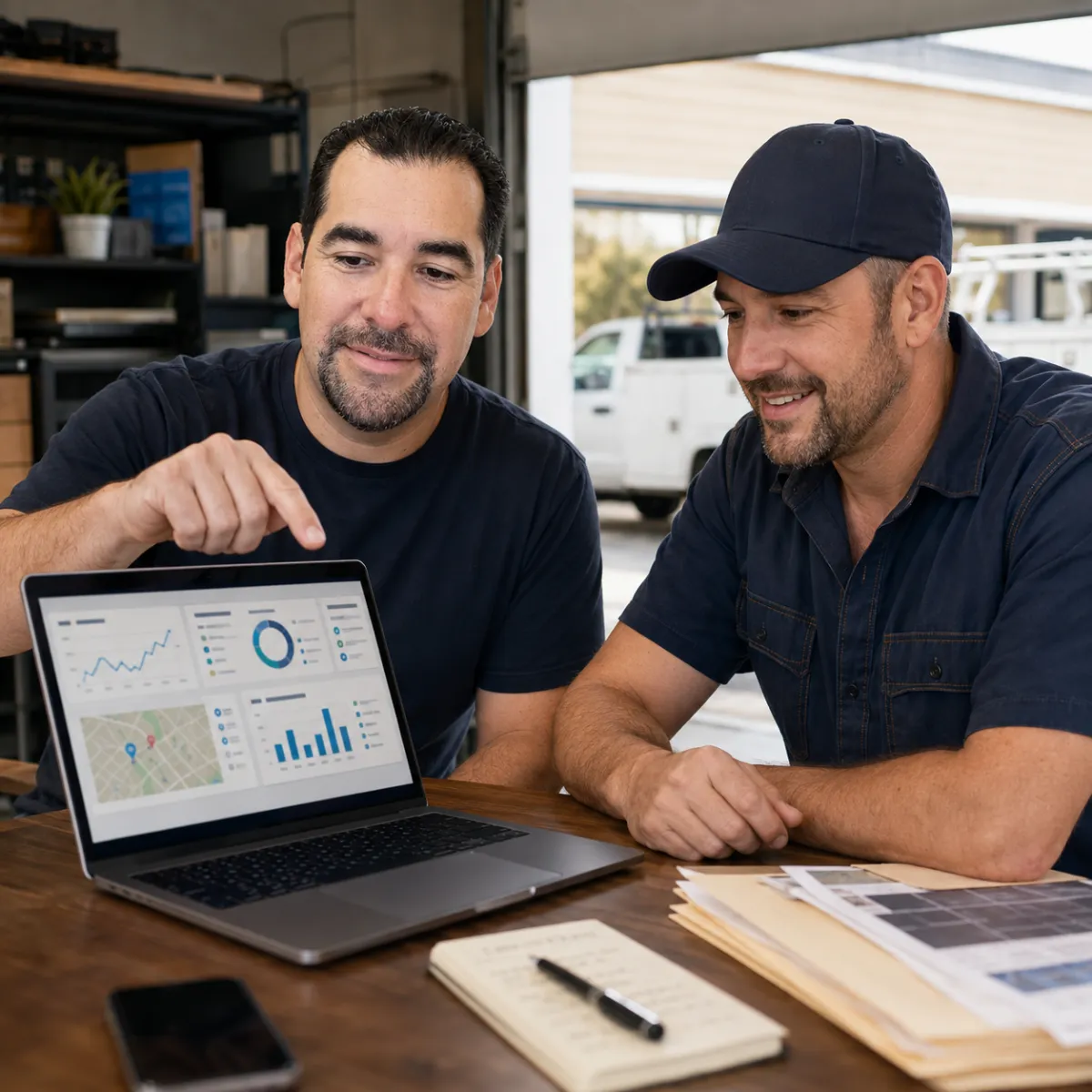 Local service business owner reviewing online growth dashboard with a consultant