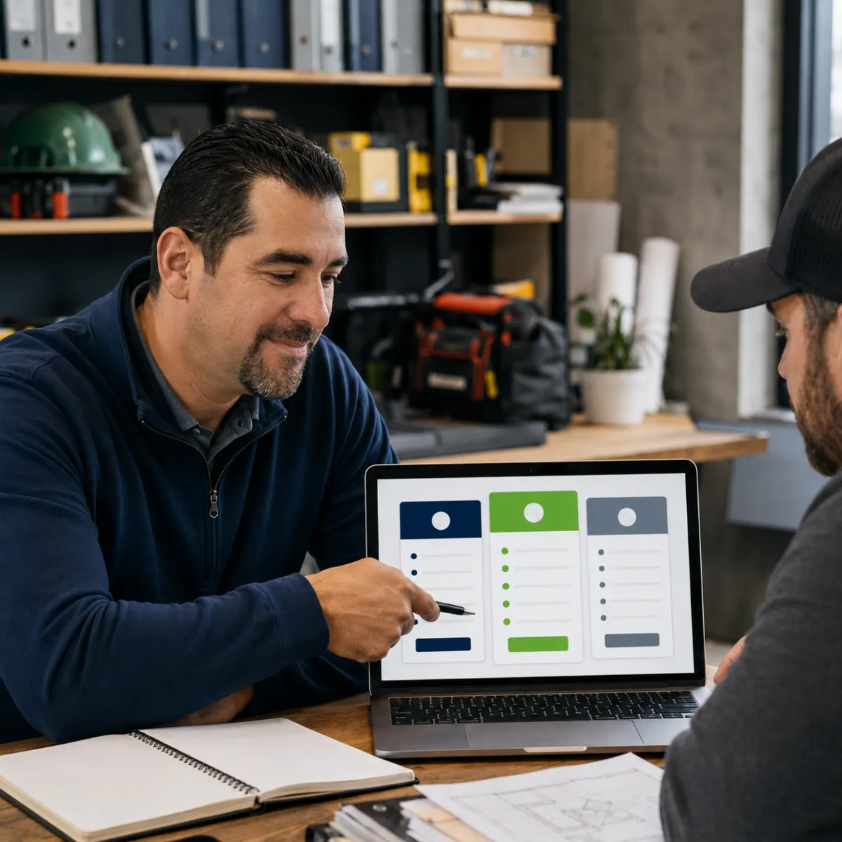 Consultant reviewing plan options with a local service business owner