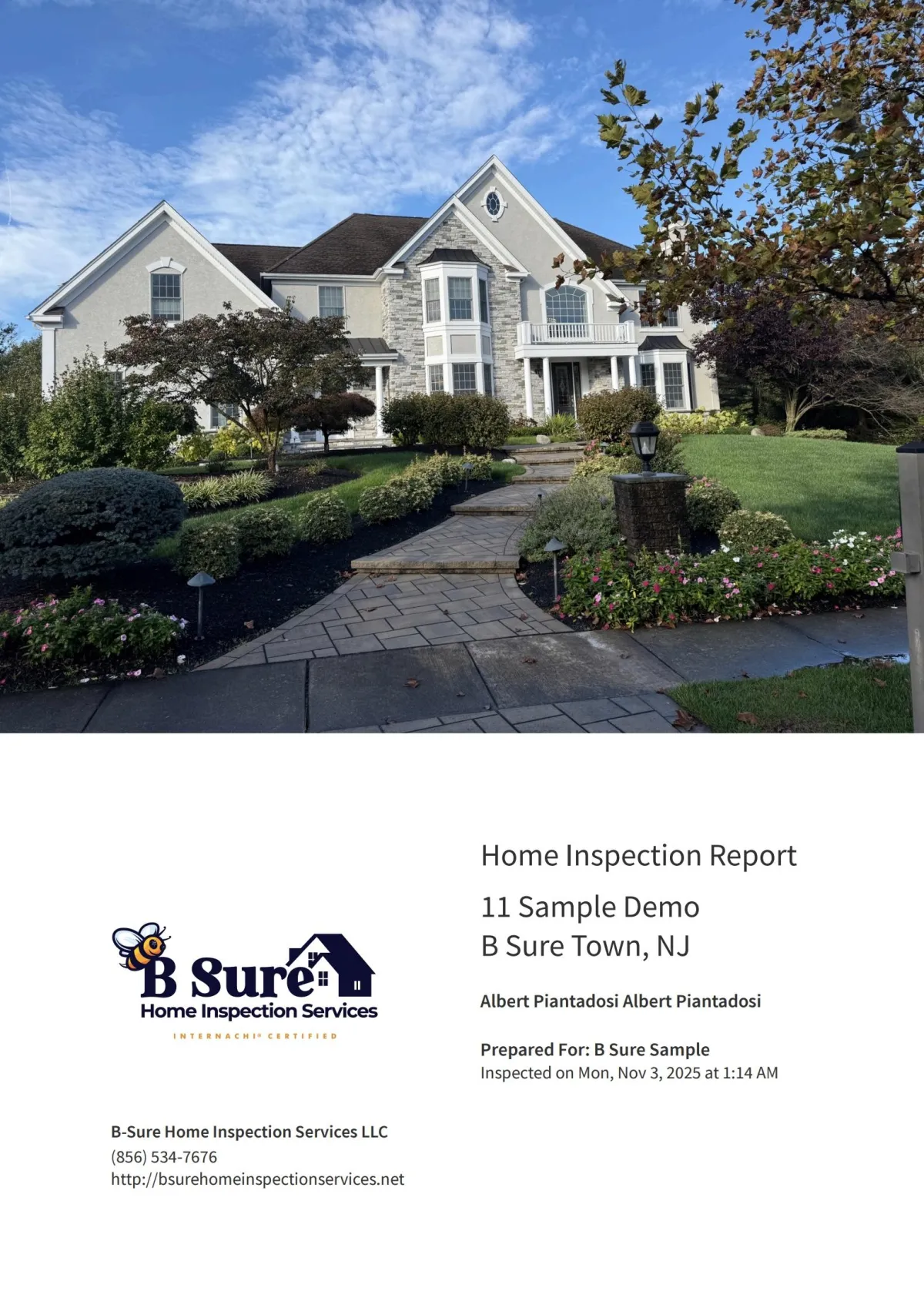 Home inspection report cover featuring a residential property in B Sure Town, NJ, with landscaping details and B Sure Home Inspection Services branding.