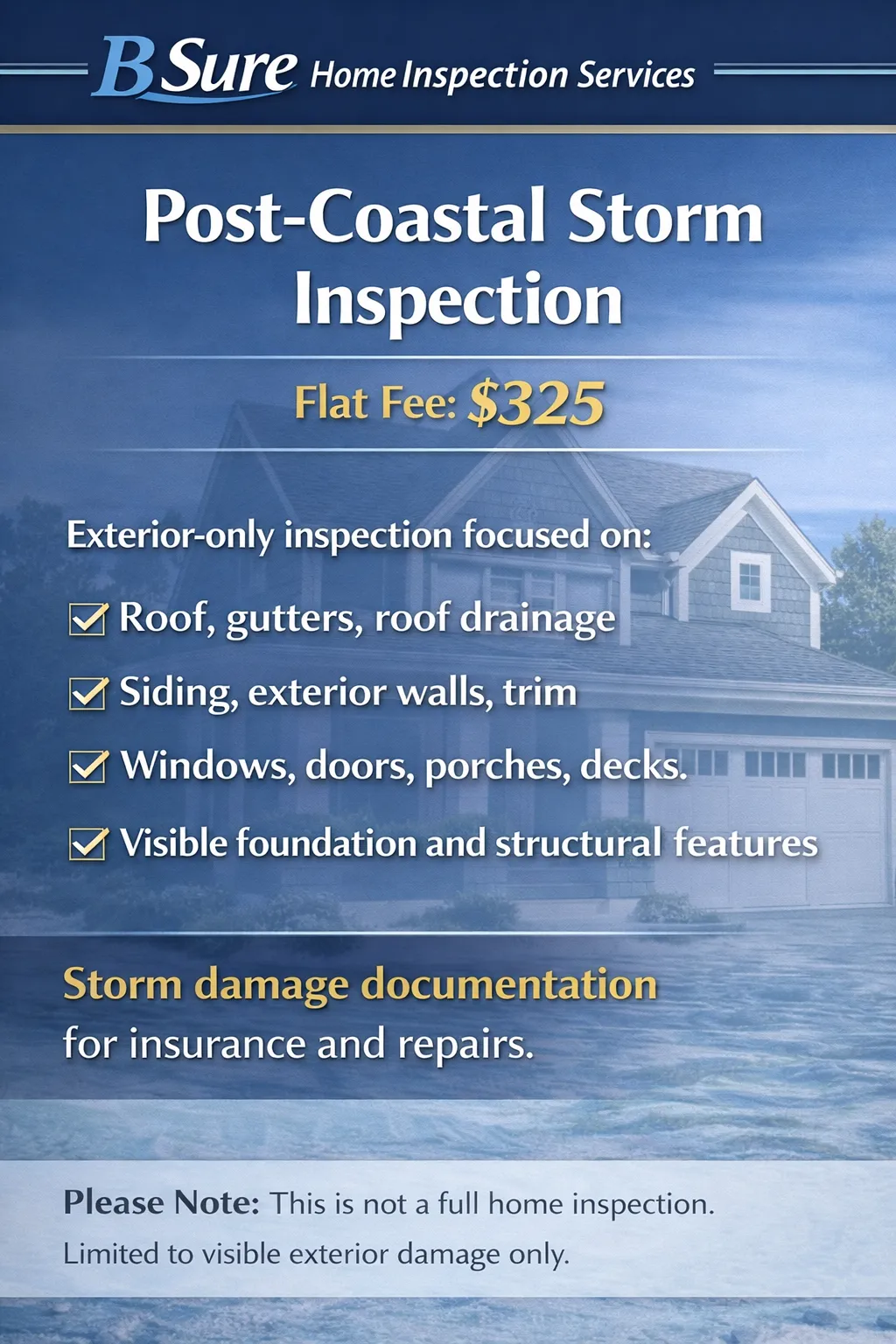 Coastal post-storm inspection pricing table detailing costs for condos, small, medium, and large single-family homes, emphasizing visual inspection for storm-related damage.