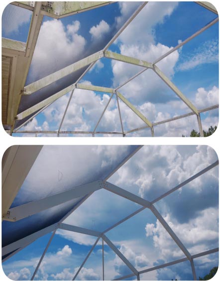 Pool enclosure before and after pressure washing in Titusville, FL